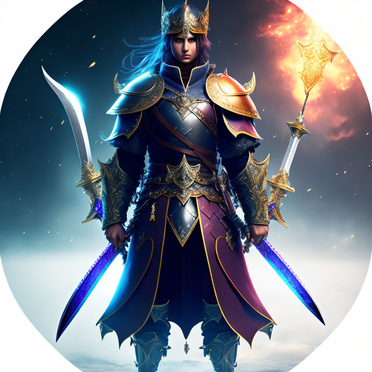 Fantasy warrior digital art with ornate armor and dual swords