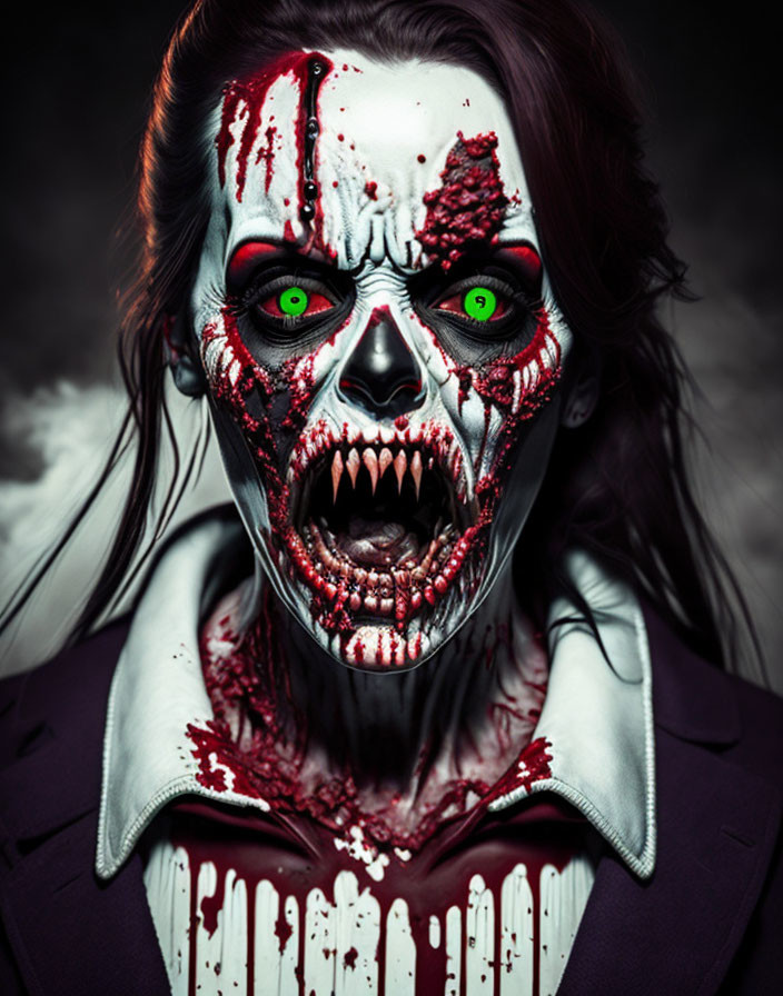 Pale Skin, Blood, and Green Eyes: Zombie-Like Makeup in Suit