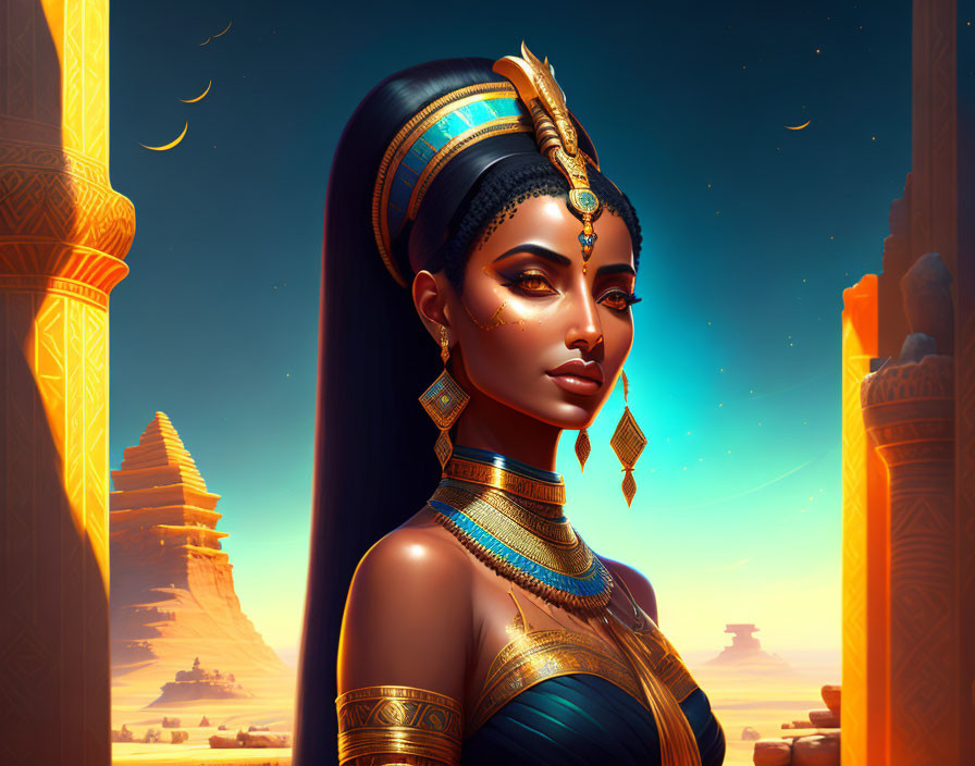 Stylized woman with Egyptian headdress and jewelry in desert landscape.