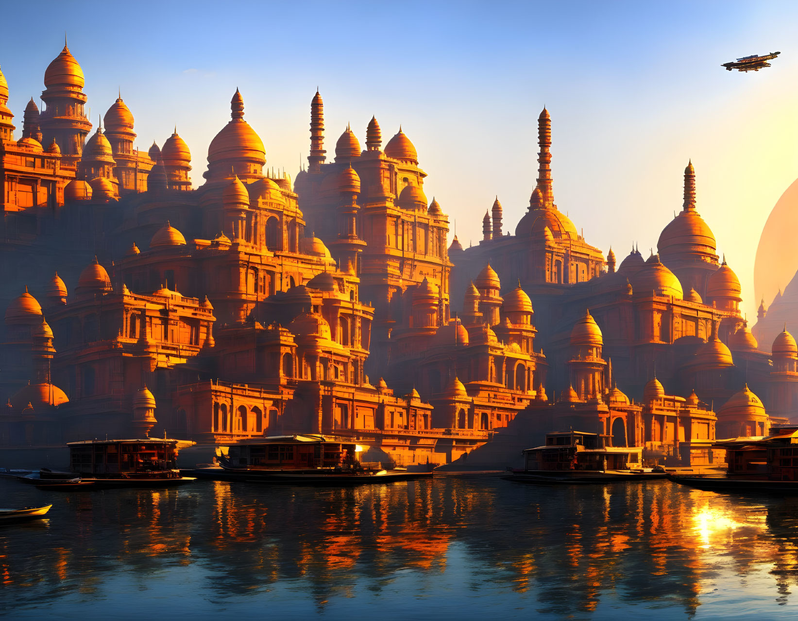 Futuristic city blending Indian architecture at sunset by river.