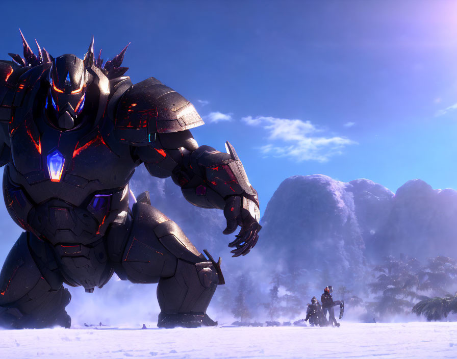 Giant black mecha with blue accents in snowy landscape with figure approaching