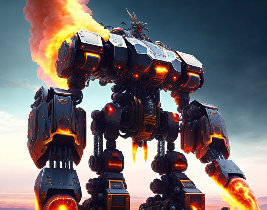 Giant illuminated robotic war machine against fiery sky