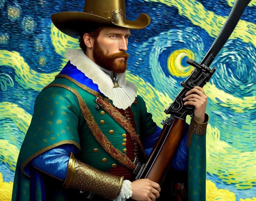 Bearded figure in renaissance attire with rifle in Van Gogh-inspired scene