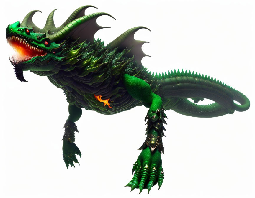 Majestic green dragon with large horns and fiery orange accents