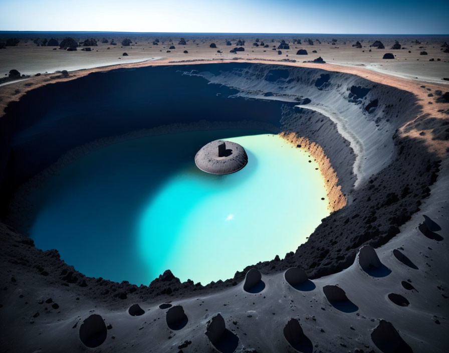 Circular Blue Crater Lake Amid Desert Sands