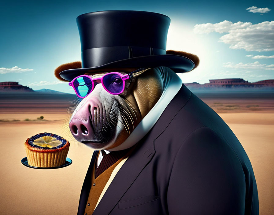 Walrus in Suit and Top Hat Holding Pie with Sunglasses in Desert