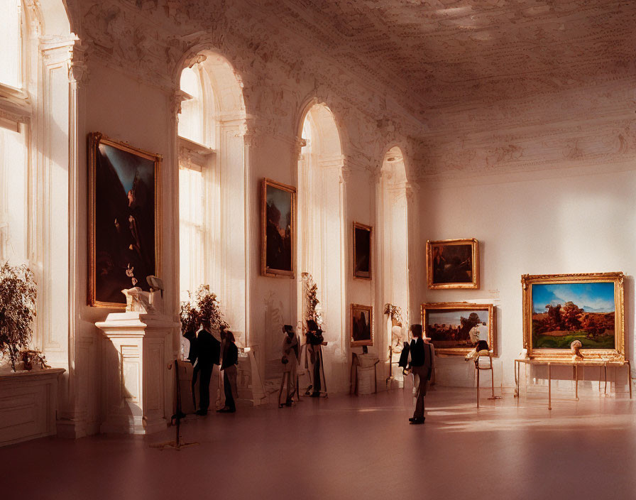 Sunlit Gallery with High Ceilings and Classical Paintings