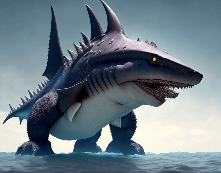 Digital Monster Resembling Shark with Fins and Legs in Water