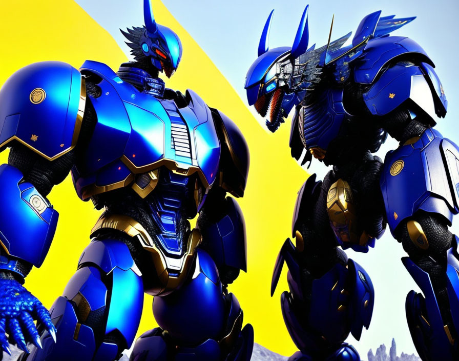 Detailed Blue and Black Armored Robots on Yellow Background