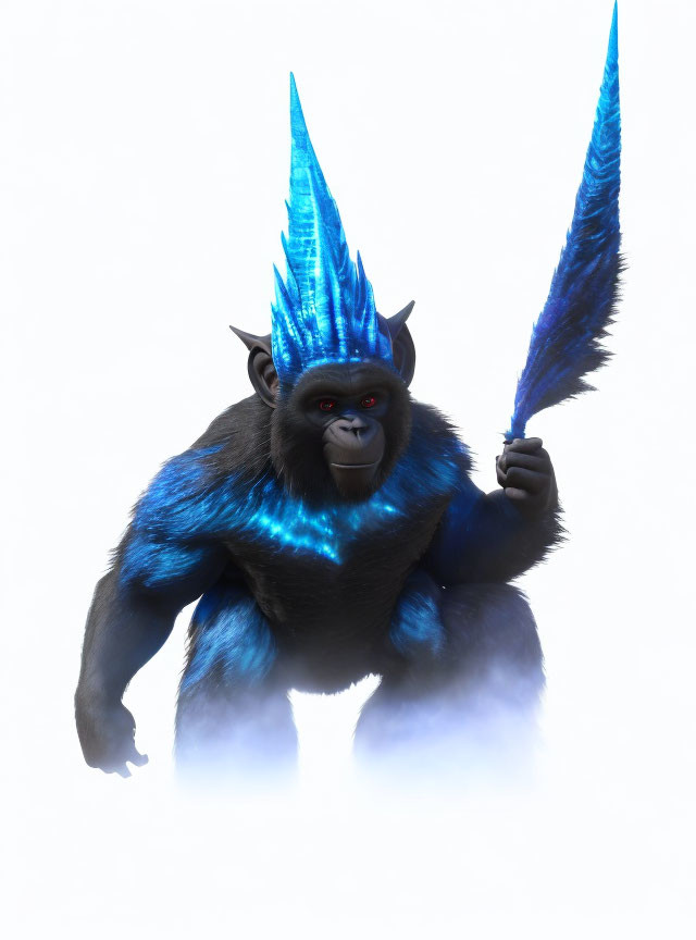 Fantasy creature with gorilla body and blue spikes wielding spear on white background