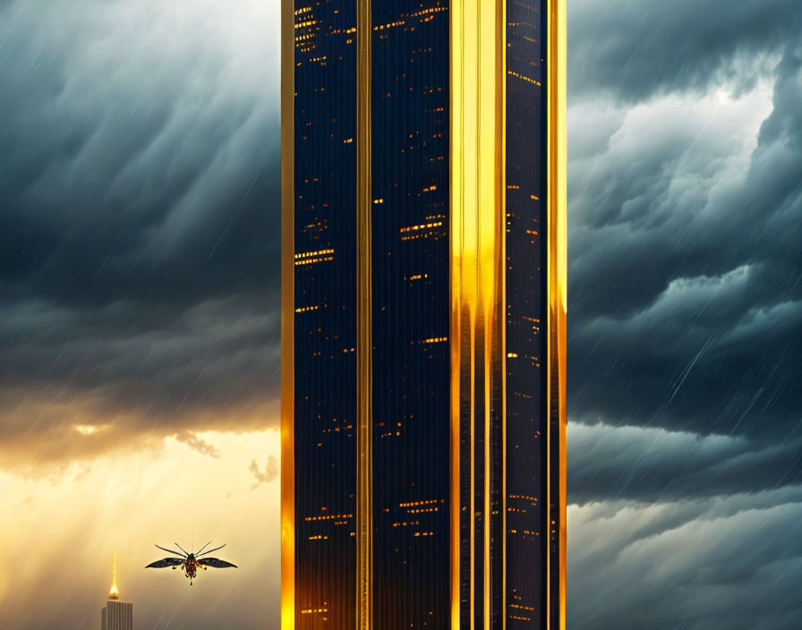 Futuristic cityscape with towering buildings and aircraft under stormy sky