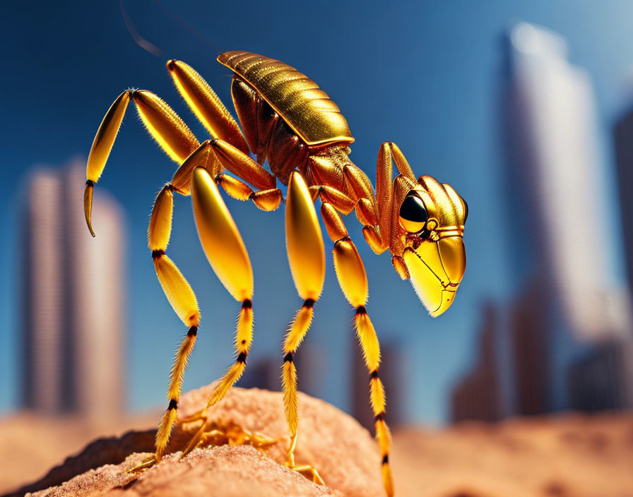 Metallic ant sculpture on sandy surface with skyscrapers against blue sky