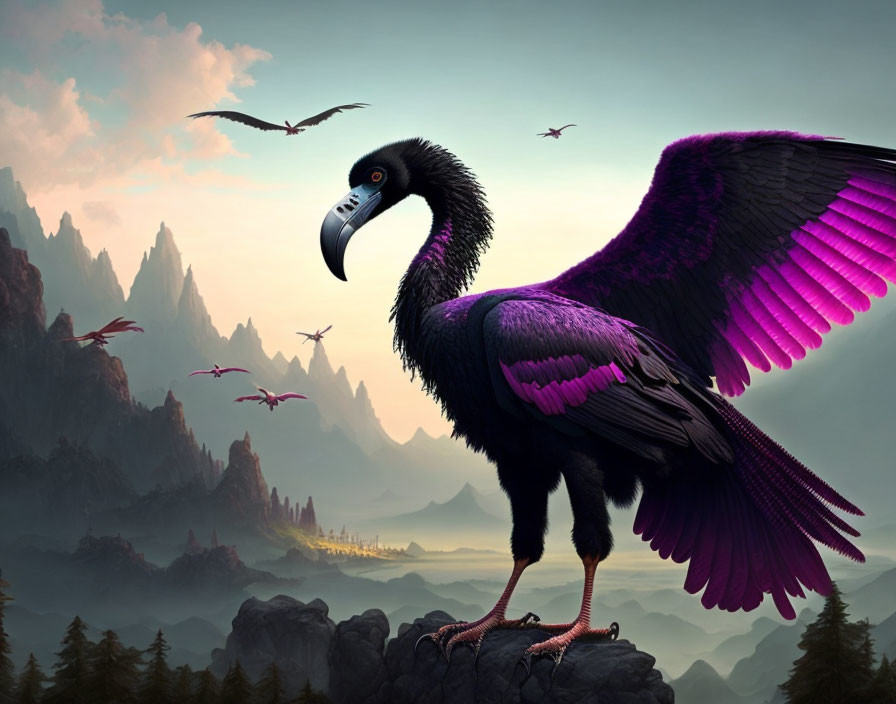 Vibrant purple feathered bird perched on cliff overlooking misty mountains