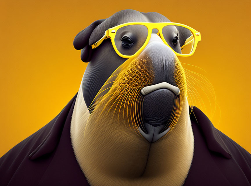 Stylized 3D illustration: Sea lion in yellow glasses and purple jacket