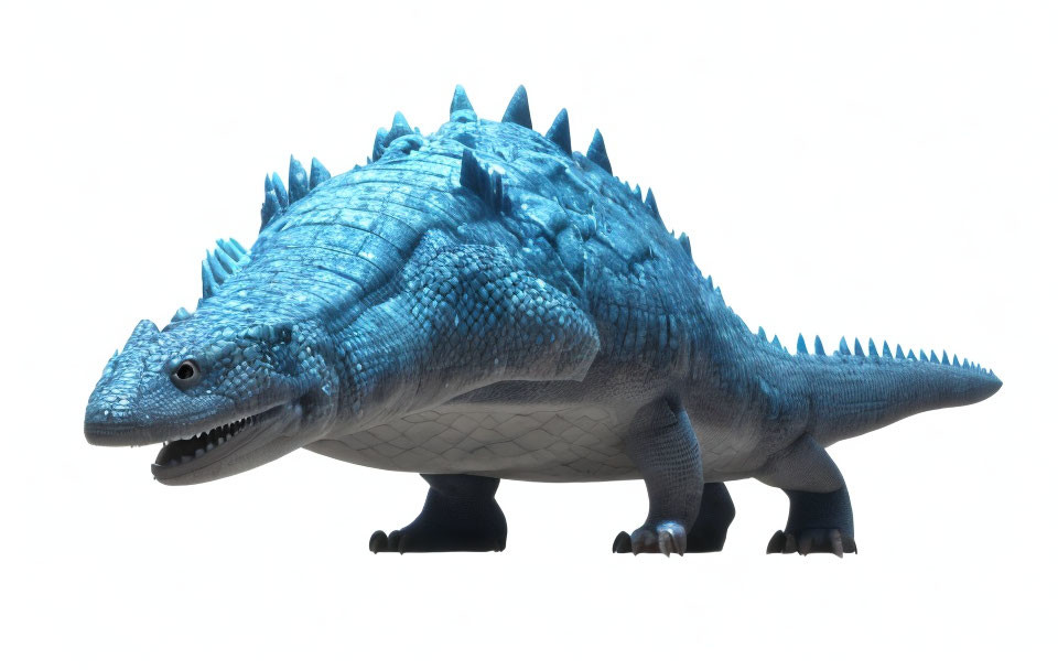 Blue Toy Dinosaur with Spines and Black Feet on White Background