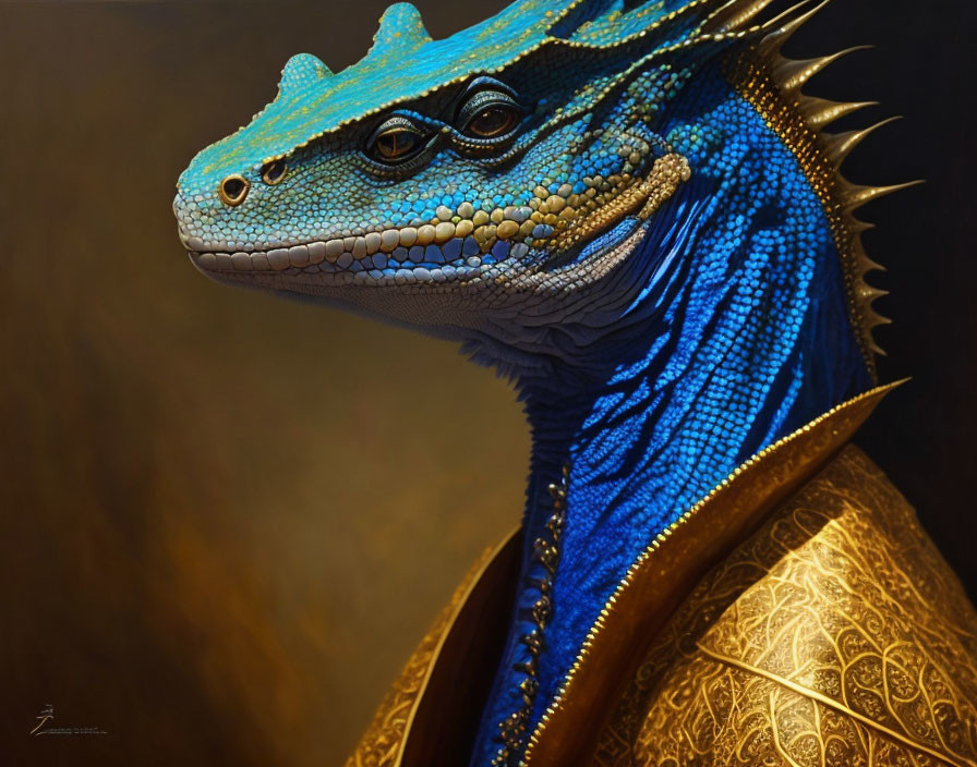 Detailed Illustration: Regal Blue Dragon in Golden Armor