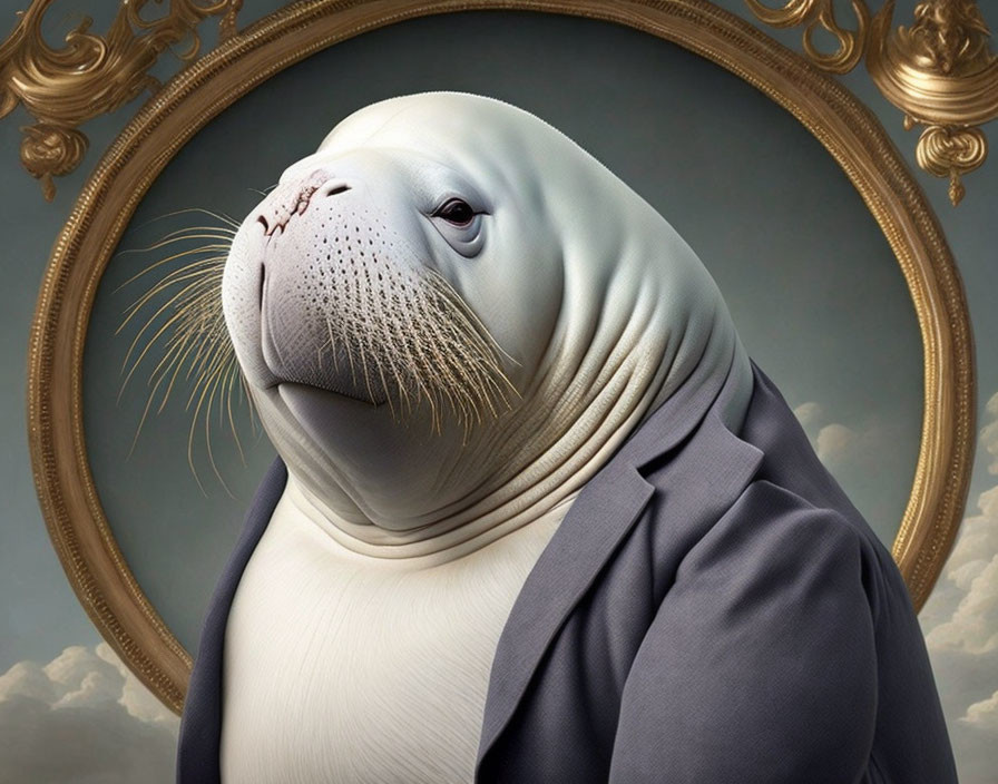 Digitally altered walrus in suit by ornate golden frame