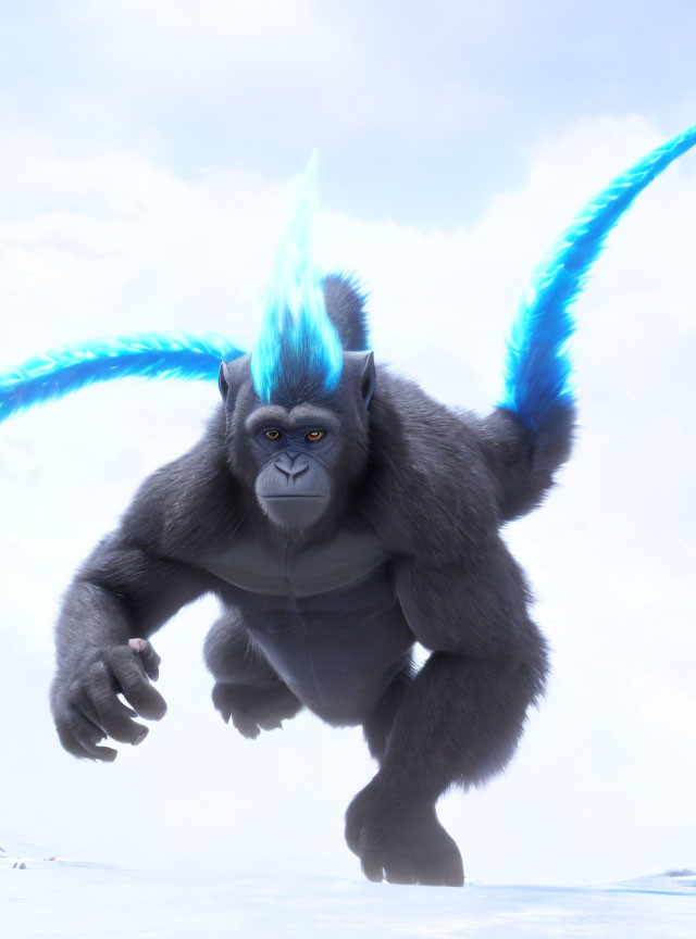 Blue-furred gorilla with electric energy racing forward