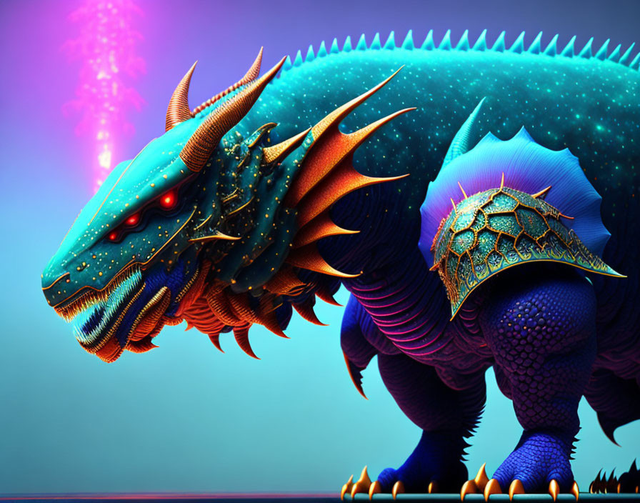 Mythical dragon with blue scales and red eye on purple background