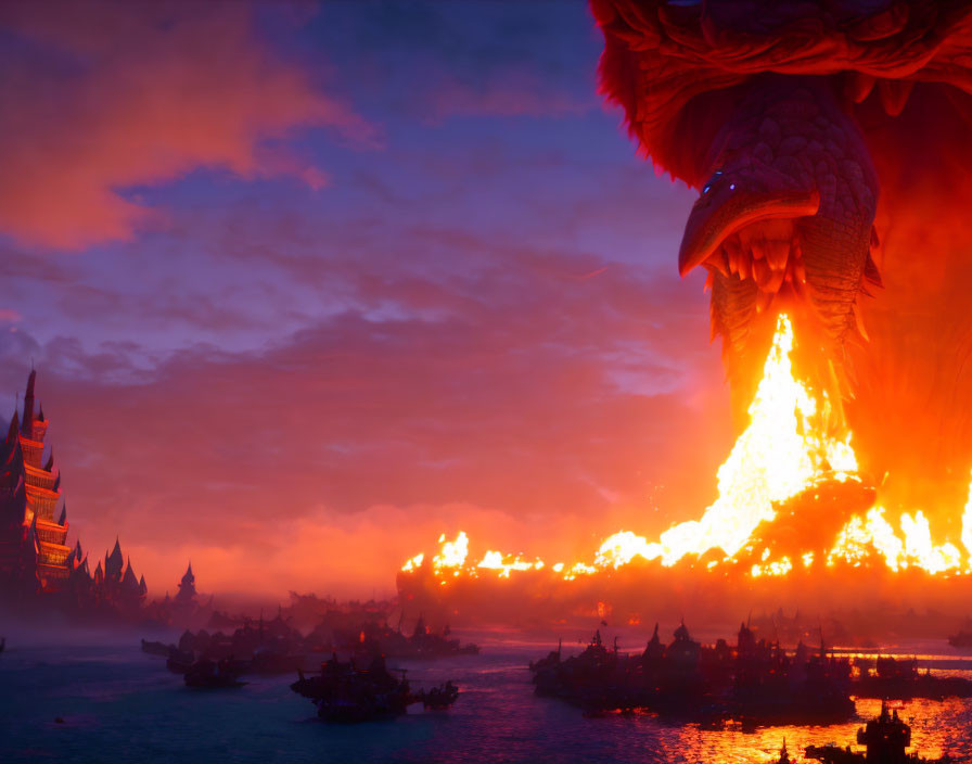 Massive dragon spewing fire near ships at sunset