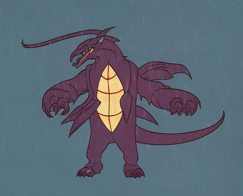 Purple-scaled animated dragon with glowing yellow chest in rain shower