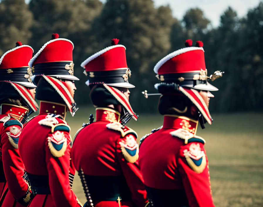 Ceremonial guards in red jackets and tall black hats outdoors