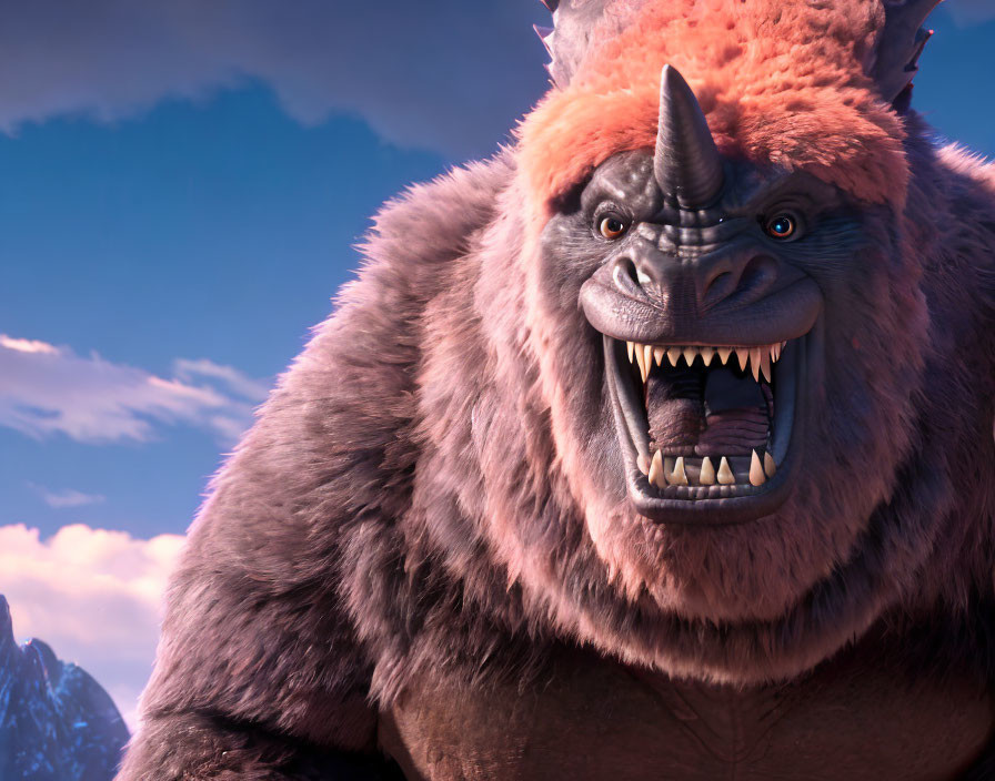 Computer-animated fantasy creature: Giant gorilla with horn, mountains, purple sky