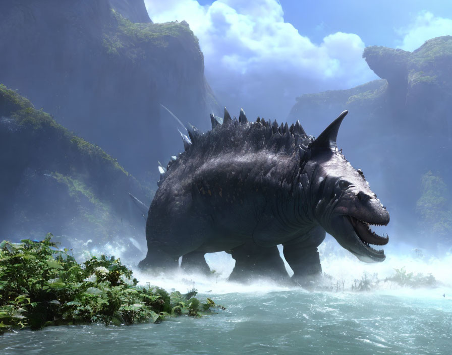 Spiked dinosaur-like creature in misty valley with cliffs