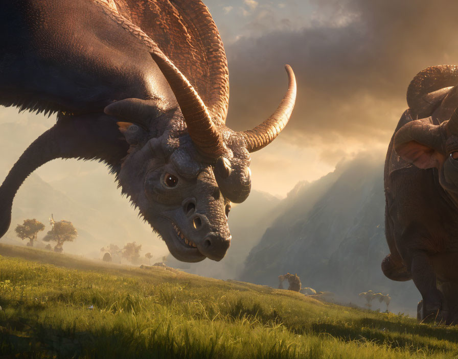 Triceratops Herd in Sunlit Valley with Mountain Background