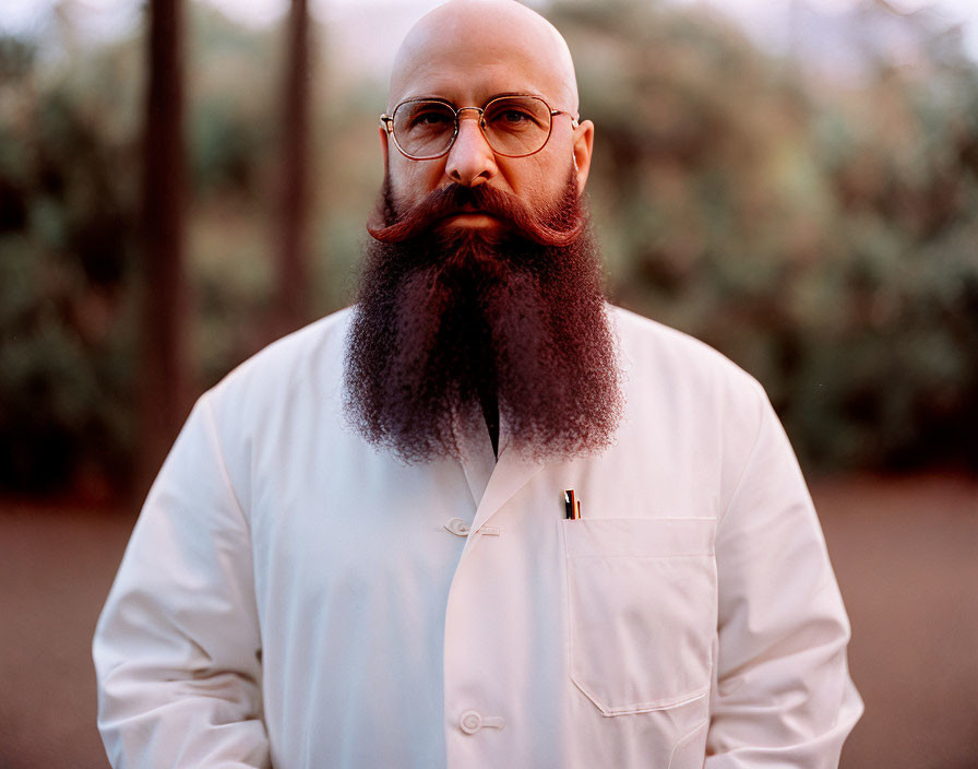 Bald Man with Handlebar Mustache and Lab Coat Outdoors