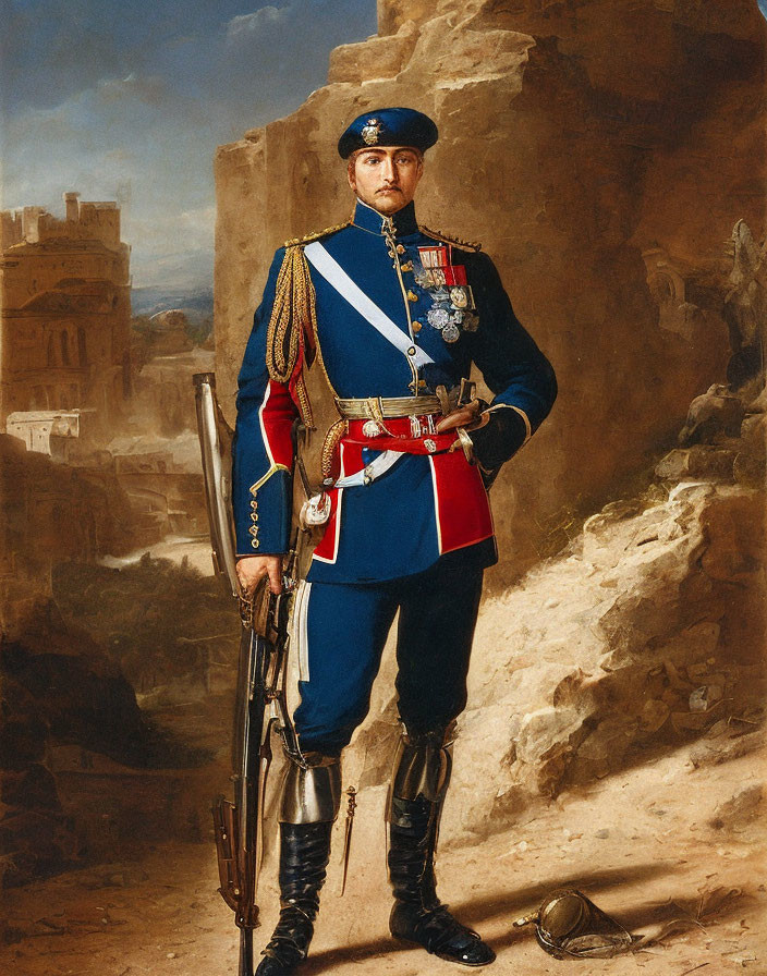 Military Figure Portrait with Medals, Rifle, and Helmet on Historical Battlefield