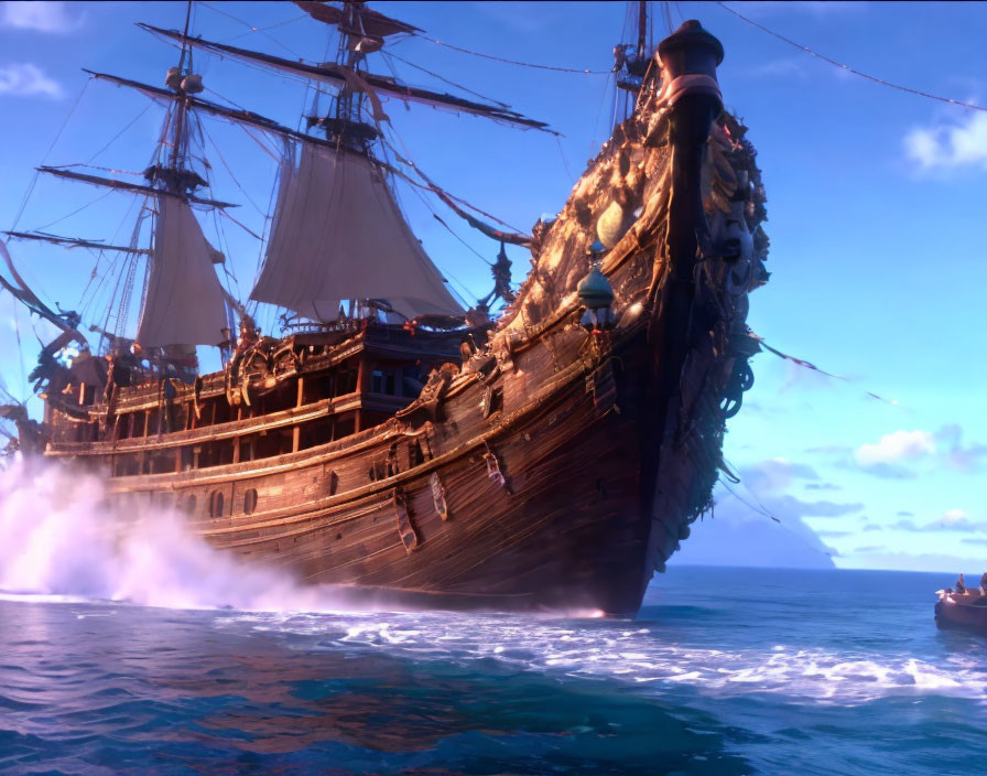 Animated galleon sailing on serene sea with clear skies