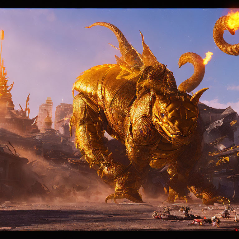 Golden dragon with horns and scales in chaotic battlefield scene