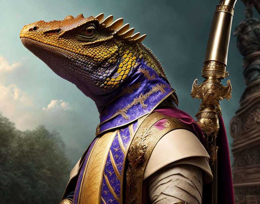 Anthropomorphic iguana in regal attire with ornate staff against dramatic sky.