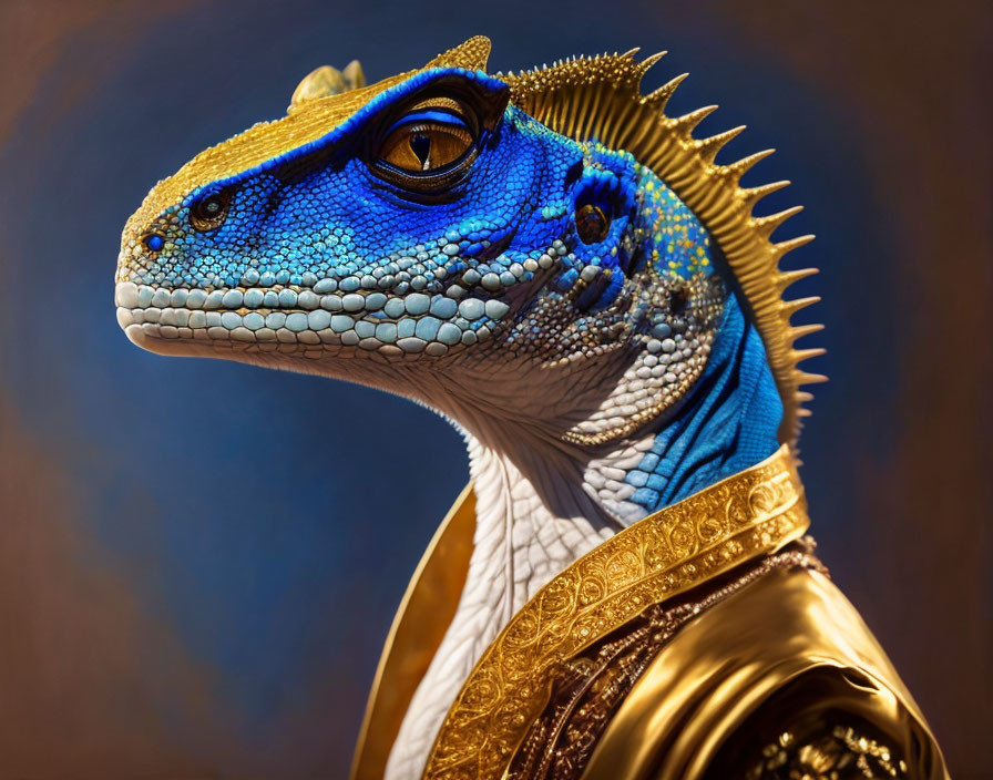 Creature with lizard-like head in blue scales and golden frills wearing regal golden armor