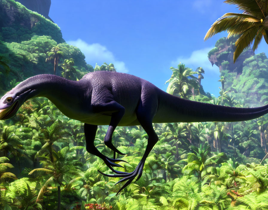 Blue theropod dinosaur in lush prehistoric foliage