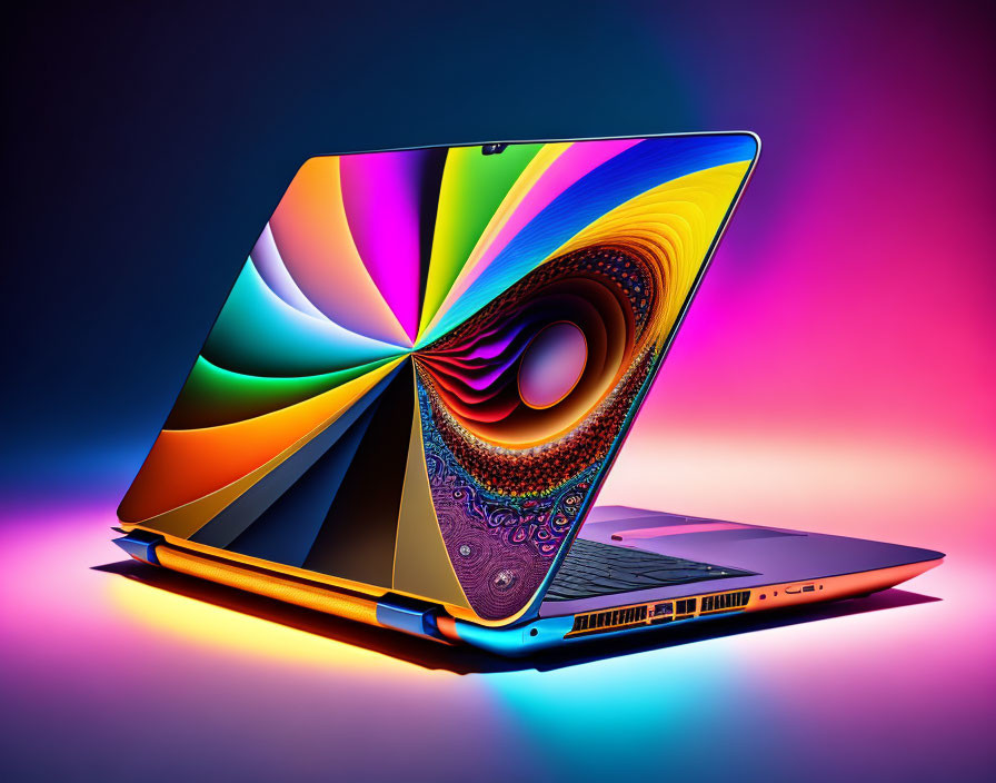 Vibrant laptop with psychedelic swirl on screen on purple-pink gradient background