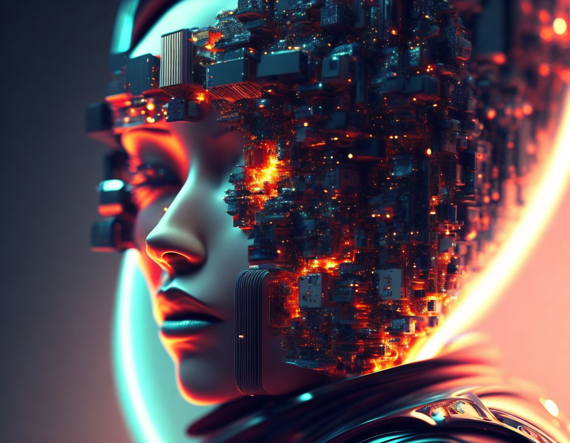 Female humanoid with cybernetic cityscape head and neon lights.