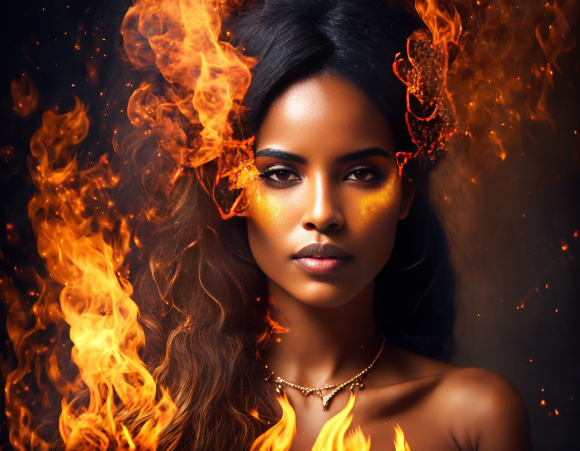 Serene woman surrounded by fiery flames highlighting features