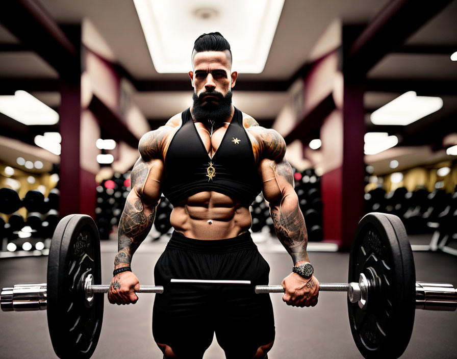 Muscular bearded person lifting barbell in gym wearing black tank top and shorts