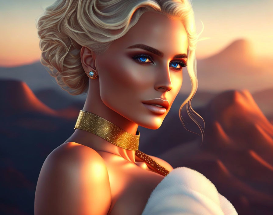 Portrait of woman with blue eyes, blonde hair, gold jewelry, in mountainous setting