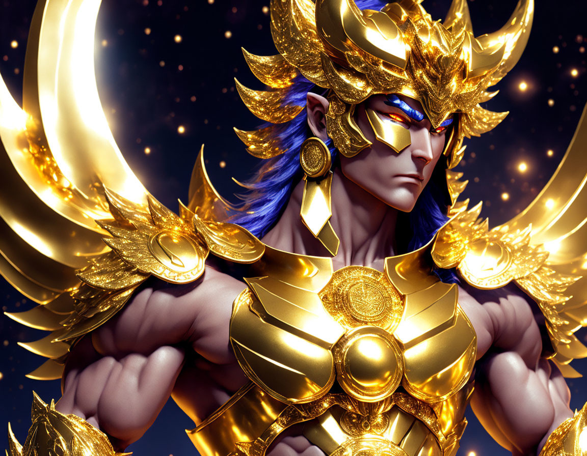 Majestic character in golden armor with blue skin on starry backdrop