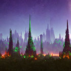 Fantastical Cityscape with Illuminated Spires and Nebula at Night