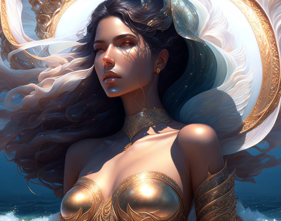 Fantasy female figure in golden armor with flowing hair in digital art