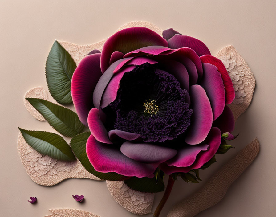 Stylized dark purple flower with pink edges on beige background