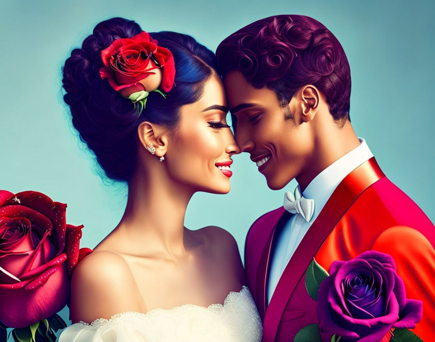 Vibrant colored attire romantic couple illustration with roses