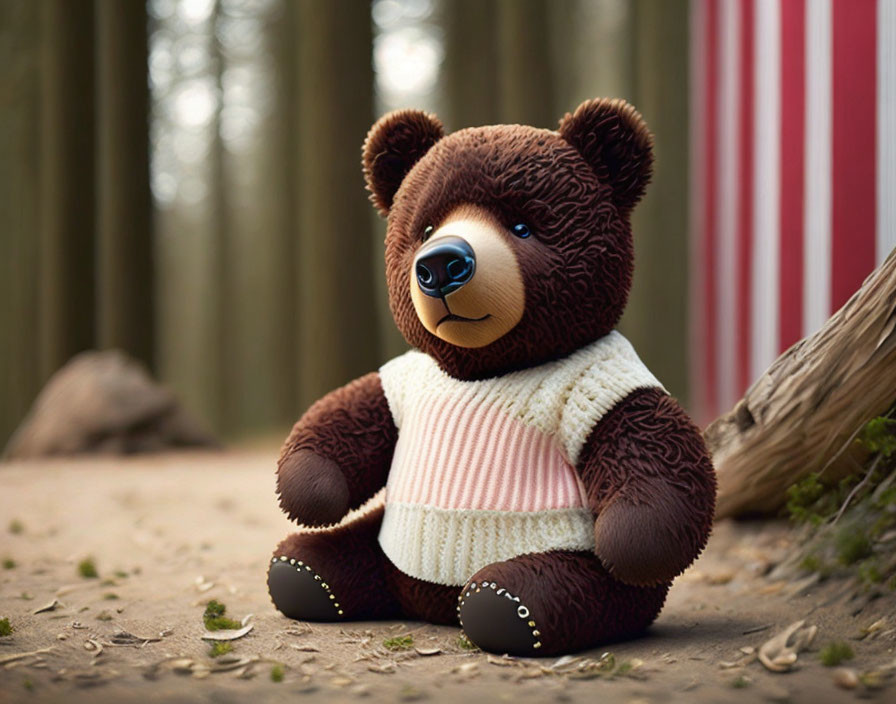 Plush Teddy Bear in White and Pink Sweater with Trees and Striped Background