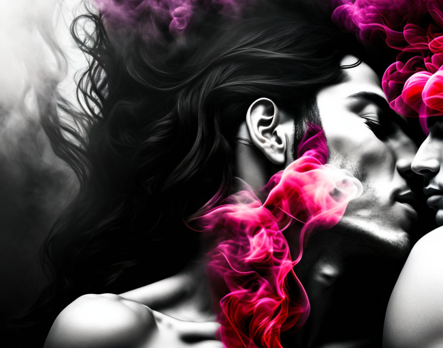 Romantic couple close-up with pink and purple smoke on black background