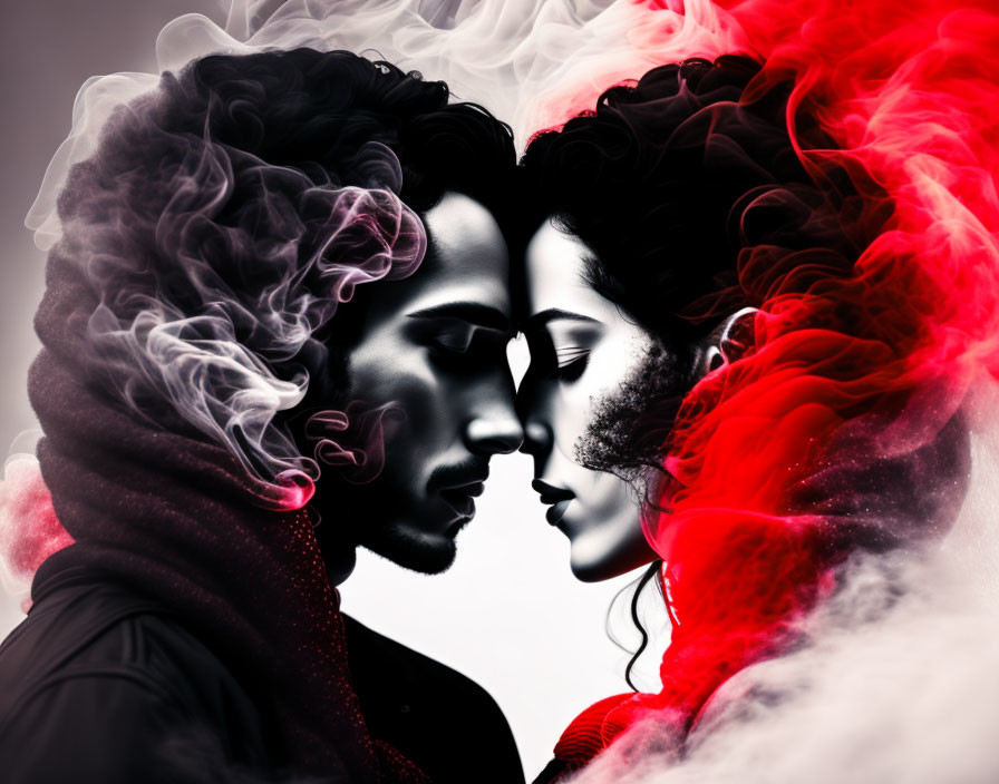 Man and woman profiles with swirling smoke on black background