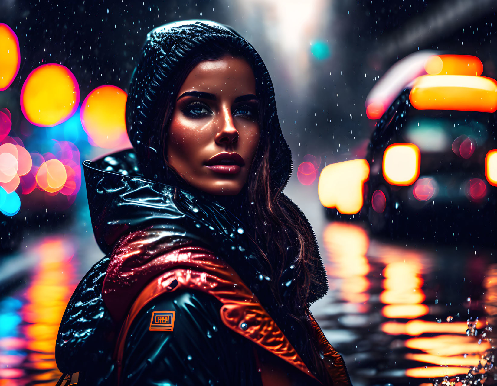 Woman with striking makeup in black jacket under colorful city lights at night